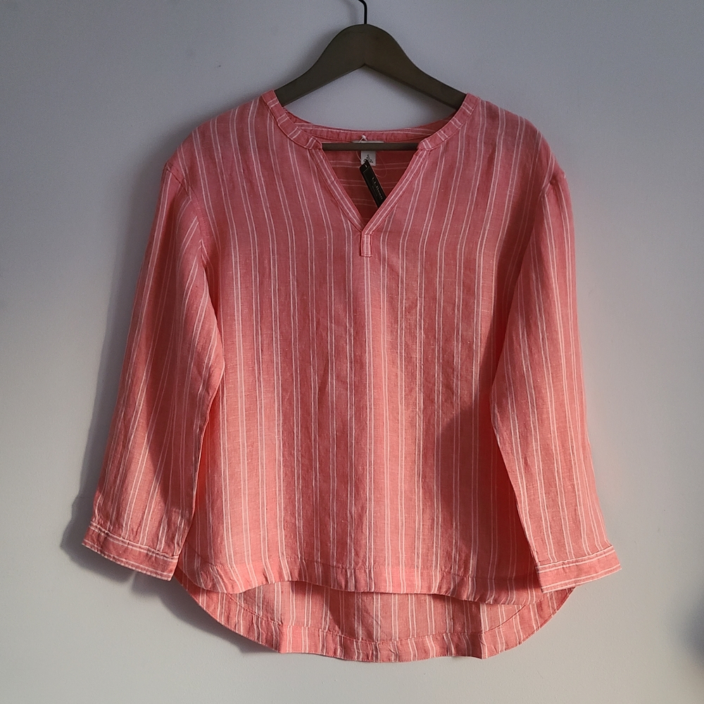 L.L. Bean Coral Striped 100% Linen Blouse Size S